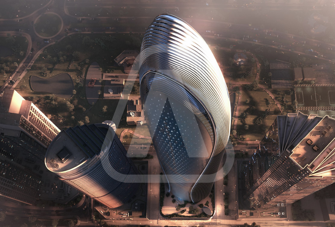 Exterior view of Mercedes-Benz Places | Binghatti luxury residences in Downtown Dubai with a backdrop of the iconic Burj Khalifa.